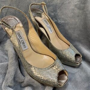 Jimmy Choo Nova Glittered Metallic Open Tie Slingback‎ Platform Sandal Pump